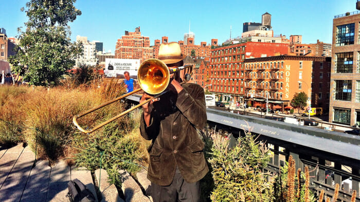 Musician on High Line (and yes, I contributed to his hat).