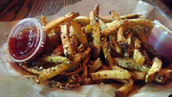 This is what ‘everything bagel’ fries look like. It is hard to describe just how incredibly amazing these are when they’re attached to such an innocuous name but trust me. Double-fried in onion oil, tossed with garlic, sprinkled with poppyseeds and sesame seeds. So crispy, so hot, so good. My mouth is watering again.