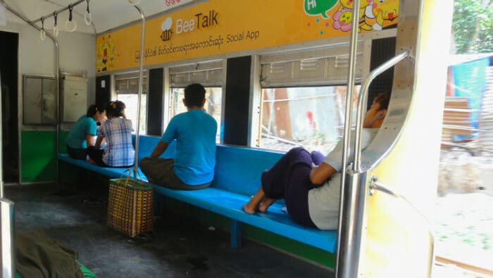 Inside the Circle Train in Yangon. The train goes circles the city bringing people in and out of the suburbs.