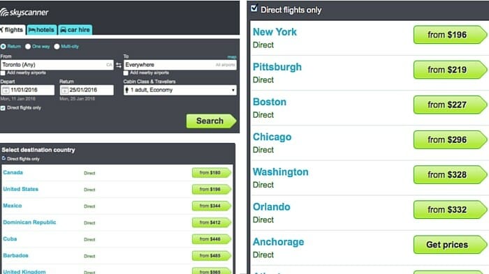 Upper right: Add "Everywhere" to the "To" field. Lower left: Countries are presented to you in order of cheapest to most expensive flights. Choose a country. Left: Cities are then presented from cheapest to most expensive.