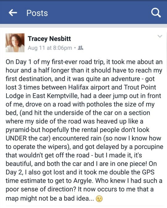  facebook post, first solo road trip, solo travel bloopers