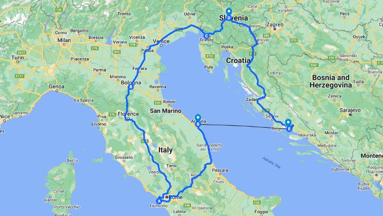 map of a road trip around the Adriatic including Italy, Slovenia and Croatia 