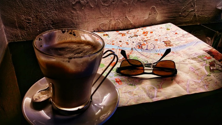 photo, image, coffee, map, sunglasses, great start to a travel day