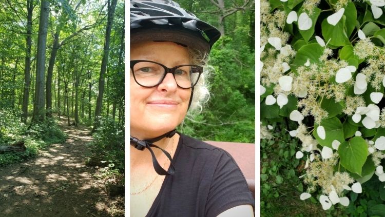 collage of photos of the bruce trail, janice waugh and white flowers