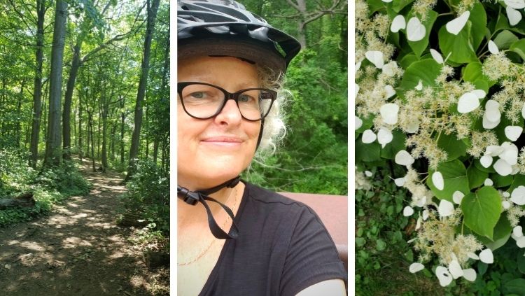 colagem de fotos de bruce trail, janice waugh e flores brancas