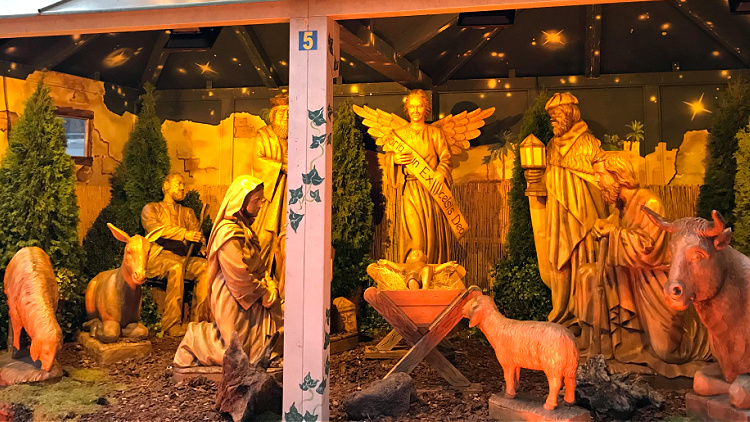 A nativity scene at a European Christmas market