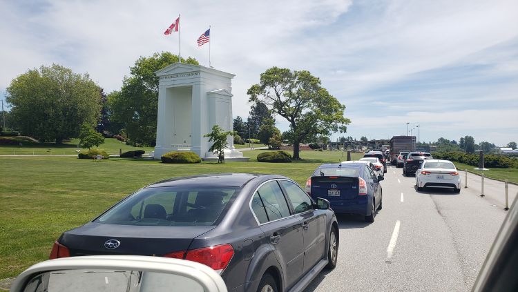 The peace arch border crossing connecting washington state and british columbia