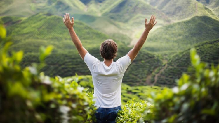 a make traveler with arms outstretched, viewing the green landscape around him