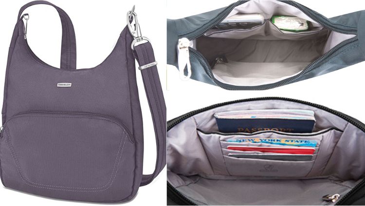 travelon messenger-style bag, front and top views