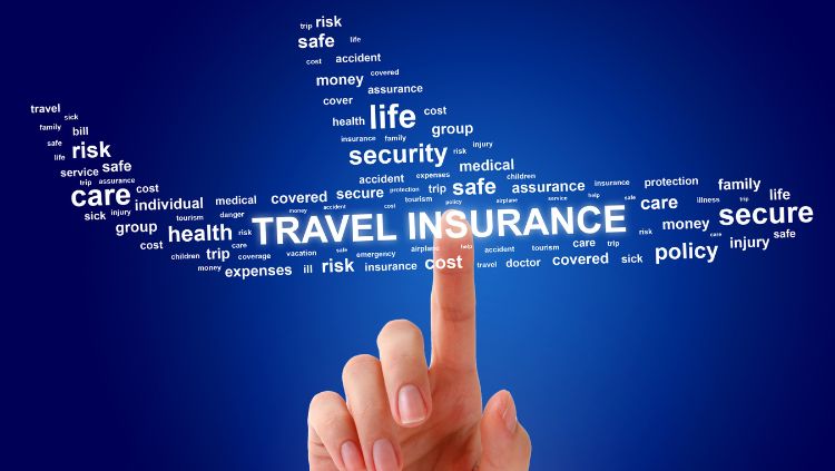 collage of words related to travel insurance, arranged in the shape of a plane