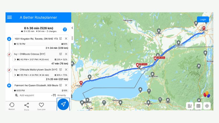map of road trip route between toronto and montreal showing charging stops for electric vehicles
