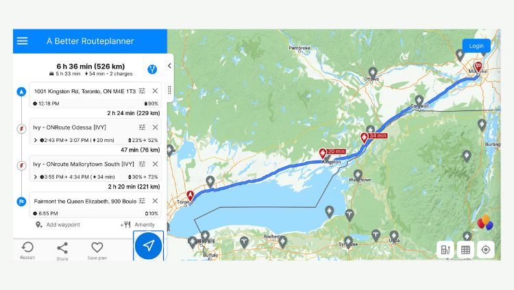 mapa da rota da viagem entre toronto e montreal mostrando paradas de carregamento para veículos elétricos