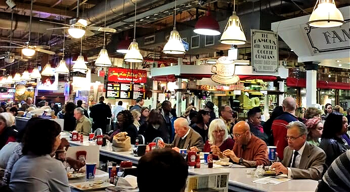 I joined these people dining at the Reading Terminal Market on my solo trip to Philadelphia