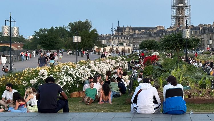 People gathered on the grass on the left bank of the garonne river in bordeaux, france