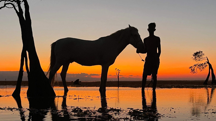 sunset at Walakiri Beach with man and horse in shadow