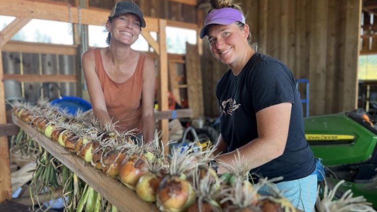 Two women doing volunteer work on an organce farm