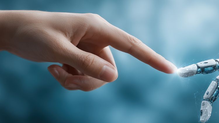 human hand touching mechanical hand, implying the meeting of trusted human resources and AI